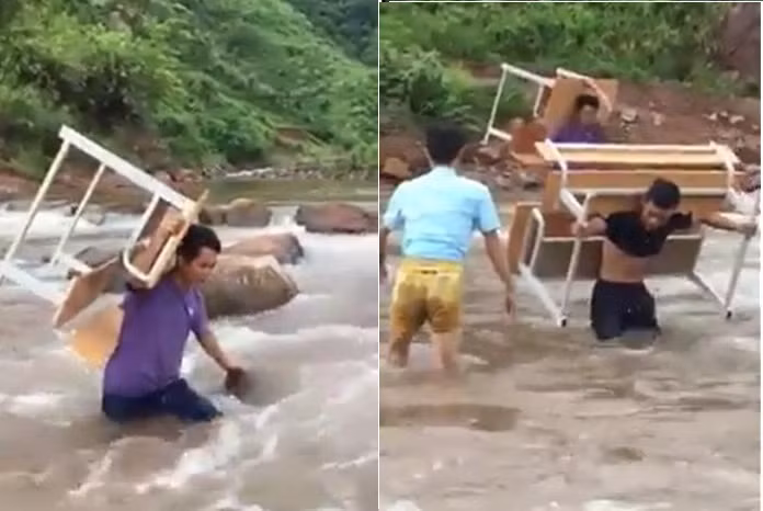  Clip: Xúc động thầy cô giáo cõng bàn ghế vượt qua suối chảy siết