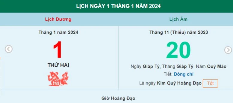 Lịch âm hôm nay - Xem lịch âm ngày 1/1/2024