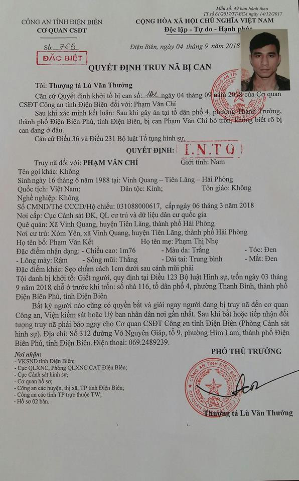 Công an tỉnh Điện Biên ra Quyết định truy nã đối tượng Phạm Văn Chí Công an tỉnh Điện Biên ra Quyết định truy nã đối tượng Phạm Văn Chí