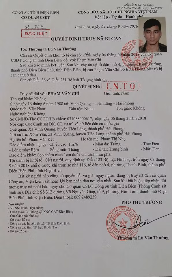 Công an tỉnh Điện Biên ra Quyết định truy nã đối tượng Phạm Văn Chí Công an tỉnh Điện Biên ra Quyết định truy nã đối tượng Phạm Văn Chí