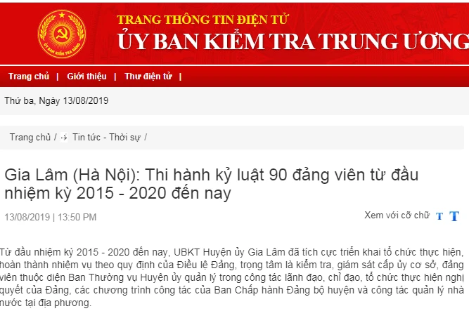 UBKT Huyện ủy Gia Lâm thi hành kỷ luật 90 đảng viên bằng các hình thức: Khiển trách 69; cảnh cáo 12; khai trừ ra khỏi Đảng 9 trường hợp.