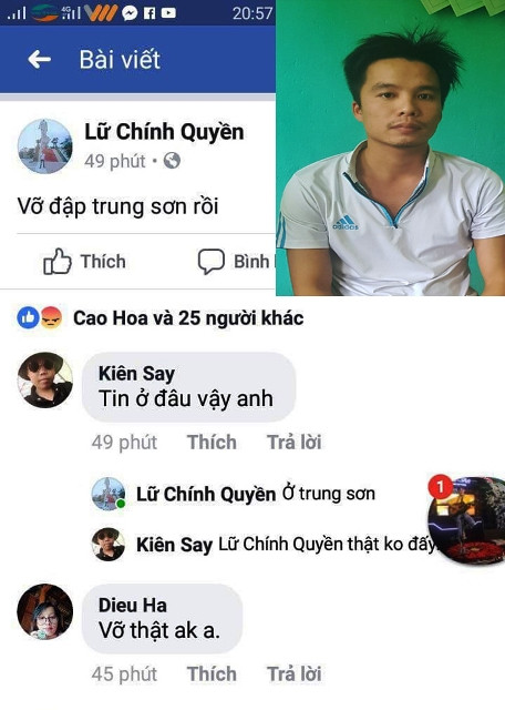 Thông tin vỡ đập thủy điện Trung Sơn được Hà Văn Mười và Lữ Chính Quyền tung lên mang facebook.