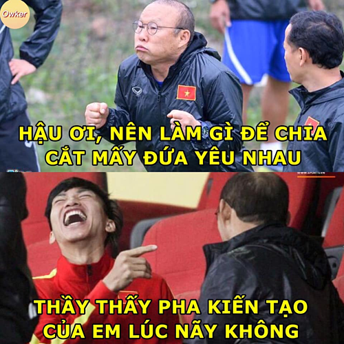 Tình huống Văn Hậu chọc khe cho Đức Chinh mở tỷ số được CĐV ghép ảnh trêu thầy Park.