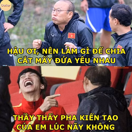 Tình huống Văn Hậu chọc khe cho Đức Chinh mở tỷ số được CĐV ghép ảnh trêu thầy Park.