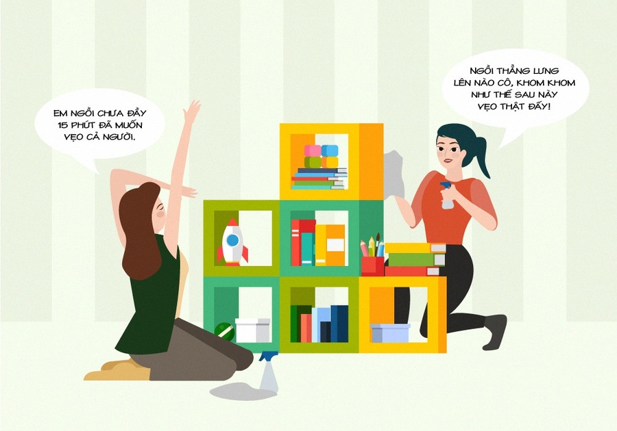 Ngồi đúng tư thế: Có lẽ trong “cuộc chiến” dọn nhà, việc vệ sinh những vật dụng nhỏ, đòi hỏi sự tỉ mỉ và phải ngồi một chỗ hàng giờ thực sự trở thành cơn ác mộng. Để đối mặt với nỗi ám ảnh trong trường hợp này mà không khiến xương khớp “rụng rời” khi đứng dậy, bạn nên ngồi đúng tư thế cũng như chọn vị trí thích hợp. 7 cach cham soc co - xuong - khop san sang cho