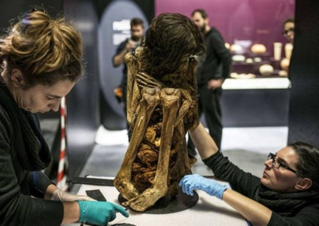 Xác ướp người phụ nữ trong tư thế khom người như một bào thai. 