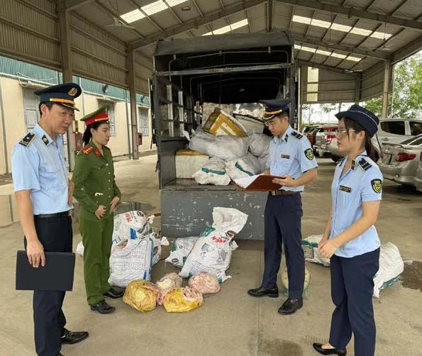 Cơ quan chức năng bắt giữ xe tải chở gần 2 tấn bì lợn không rõ nguồn gốc, xuất xứ.