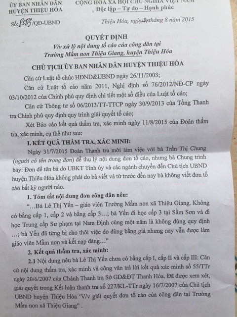 Quyết định về việc xử lý đơn tố cáo đối với bà Lê Thị Yến - giáo viên Trường mầm non xã Thiệu Giang (huyện Thiệu Hóa, Thanh Hóa)
