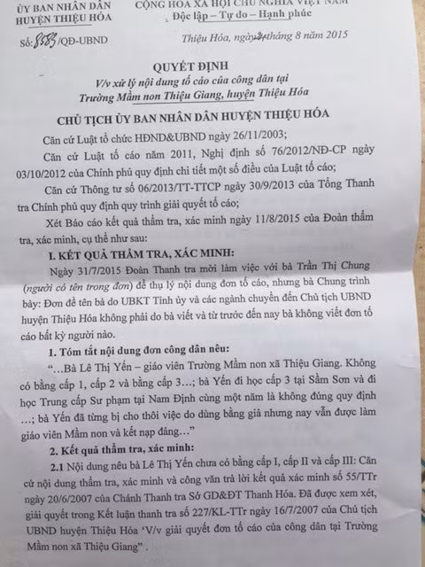 Quyết định về việc xử lý đơn tố cáo đối với bà Lê Thị Yến - giáo viên Trường mầm non xã Thiệu Giang (huyện Thiệu Hóa, Thanh Hóa)