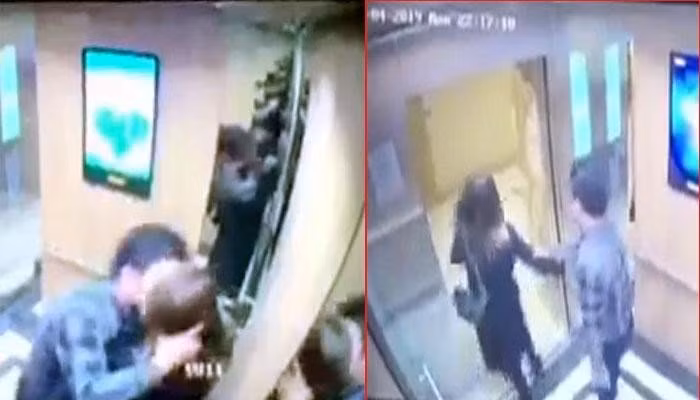 Nữ sinh bị gã đàn ông cưỡng hôn trong thang máy. Ảnh cắt từ clip.