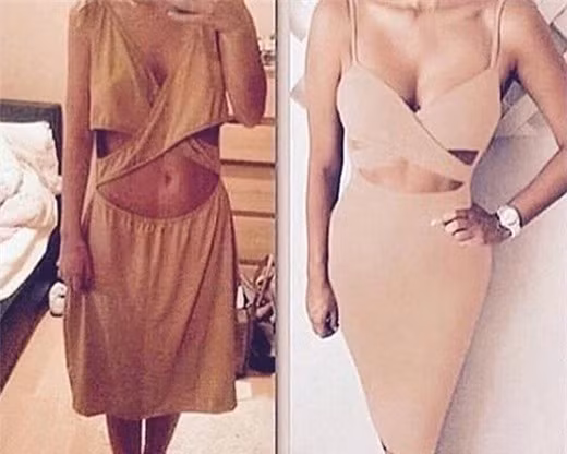 Bộ đầm bên phải gợi cảm biết bao nhiêu thì bộ bên trái khiến người khác hoảng hồn bấy nhiêu.