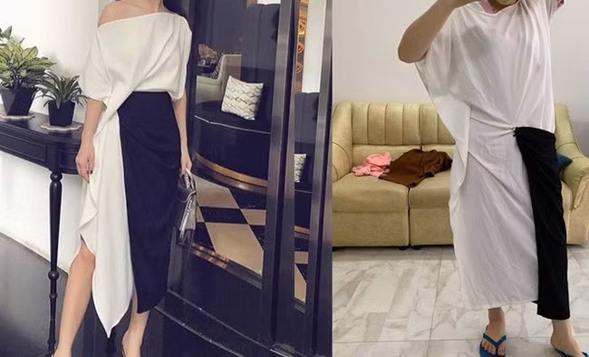 Hình ảnh chiếc váy của shop online và chiếc váy khi cô gái nhận được.