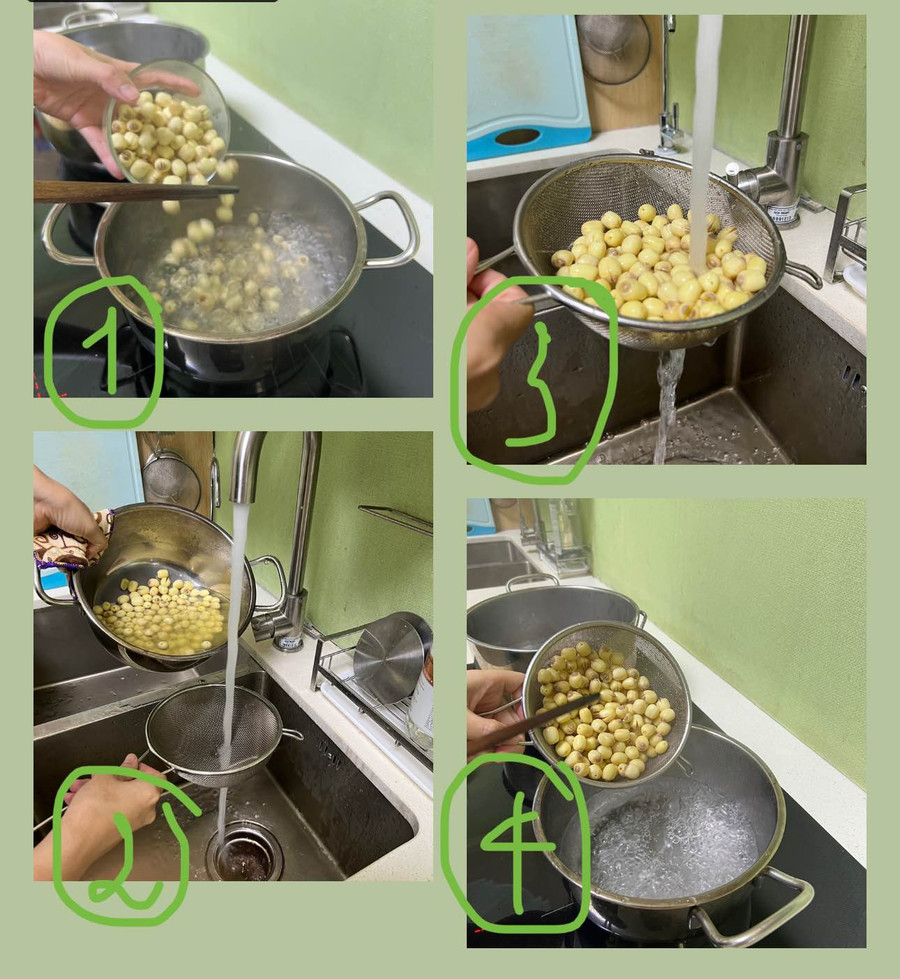 100g hạt sen tươi rửa sạch, bỏ tâm, chần qua nước sôi rồi rửa lại cho đỡ chát và sen được trắng. Xong luộc thêm 5 - 7 phút cho sen chín tới rồi vớt ra để ráo. 100g hạt sen tươi rửa sạch, bỏ tâm, chần qua nước sôi rồi rửa lại cho đỡ chát và sen được trắng. Xong luộc thêm 5 - 7 phút cho sen chín tới rồi vớt ra để ráo.