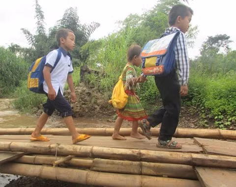 Cảnh học sinh tại buôn H"Mông dắt nhau qua chiếc cầu tạm.