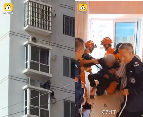 Cụ ông 83 tuổi ngồi nghỉ ngoài bậu cửa sổ tầng 8, sau khi leo xuống 17 tầng. Cụ ông 83 tuổi ngồi nghỉ ngoài tầng 8, sau khi leo xuống 17 tầng. Ảnh: Sina.