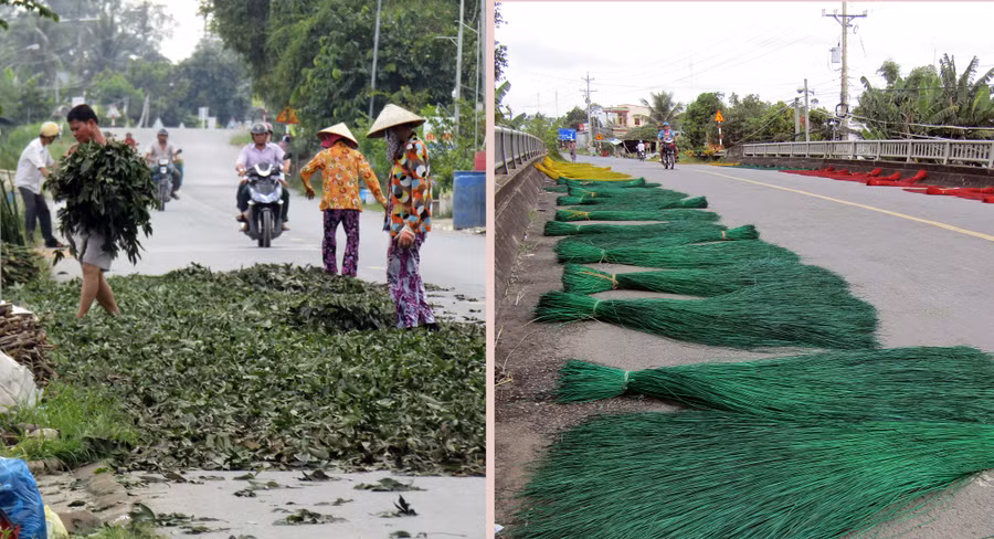 Người dân làng nghề truyền thống biến mặt đường thành nơi phơi nguyên liệu (ảnh chụp ngày 17/10)