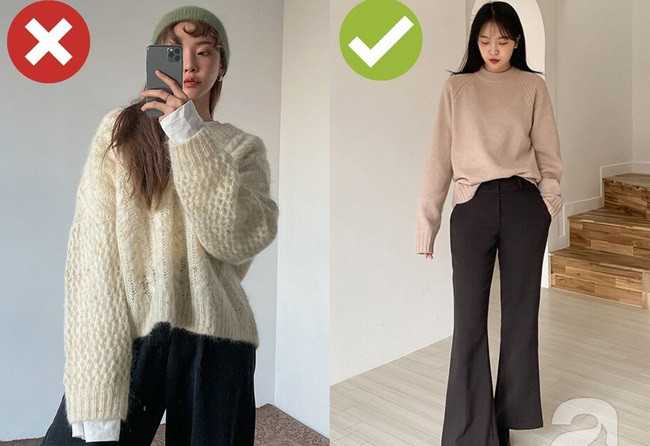 Diện áo len + quần dài đều rộng thùng thình, không sơ vin.