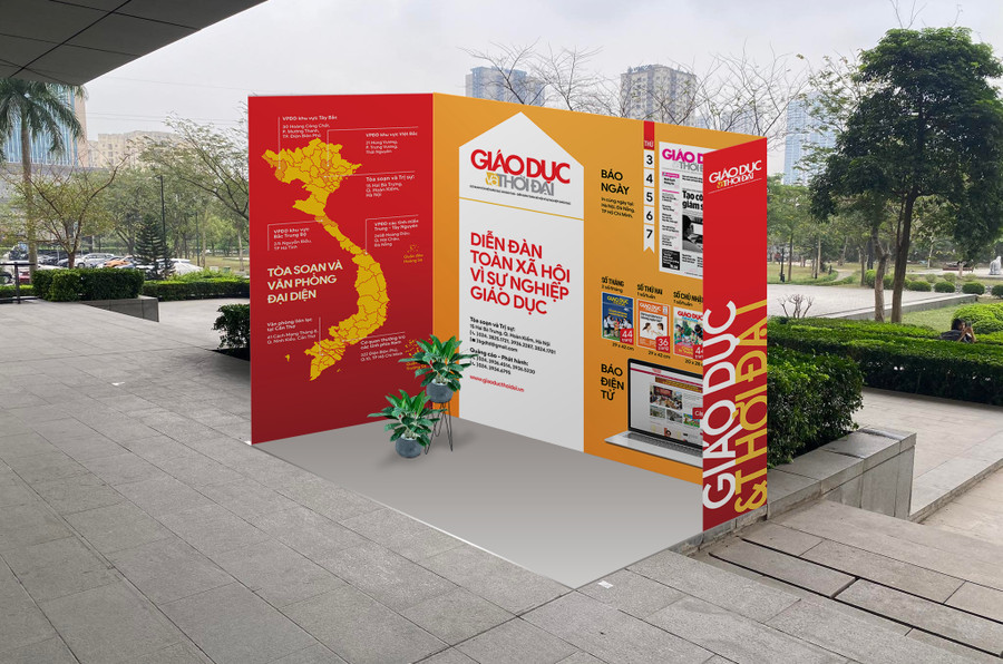 Gian trưng bày của Báo Giáo dục và Thời đại. Thiết kế: Tiến Thành. Gian trưng bày của Báo Giáo dục và Thời đại. Thiết kế: Tiến Thành.