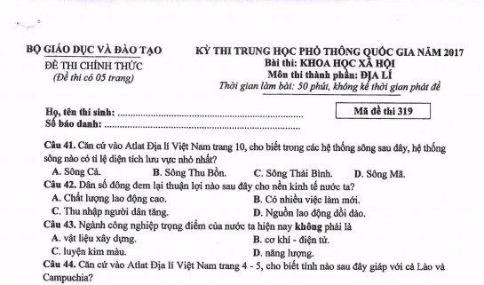 Đề thi môn Địa lý THPT quốc gia 2017