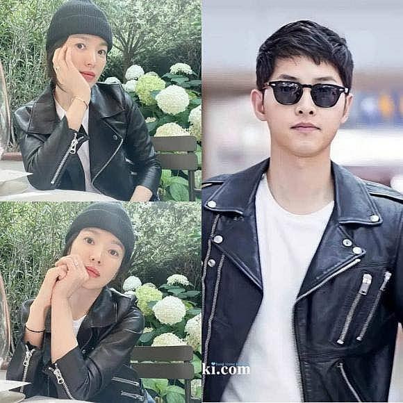 Song Hye Kyo diện chiếc áo da và tạo dáng giống như Song Joong Ki.