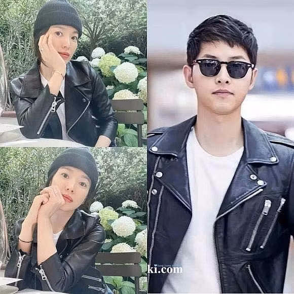Song Hye Kyo diện chiếc áo da và tạo dáng giống như Song Joong Ki.