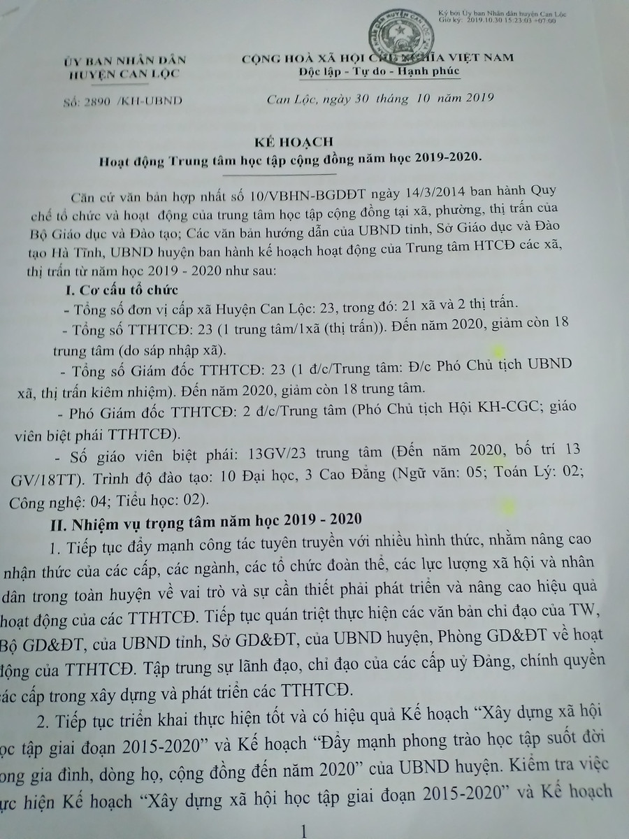 Kế hoạch về việc cấp kinh phí của huyện Can Lộc cho các TTHTCĐ.