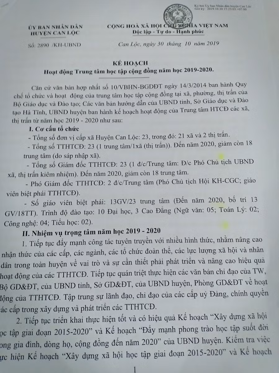 Kế hoạch về việc cấp kinh phí của huyện Can Lộc cho các TTHTCĐ.