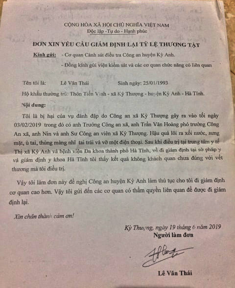 Đơn yêu cầu giám định lại tỷ lệ thương tật của anh Lê Văn Thái. Đơn yêu cầu giám định lại tỷ lệ thương tật của anh Lê Văn Thái.