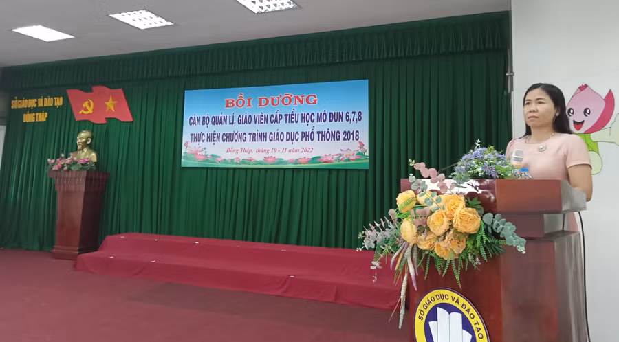 Bà Ngô Thúy Anh, Trưởng Phòng Giáo dục Mầm non - Tiểu học (Sở GD&amp;ĐT) triển khai các nội dung trong lớp bồi dưỡng.