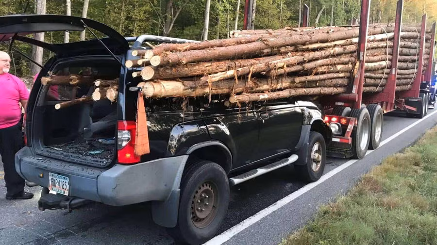 Xe bị hàng loạt cây gỗ đâm xuyên kinh hoàng từ trước ra sau, tài xế vẫn may mắn sống sót hình ảnh 2 xe bi hang loat cay go dam xuyen kinh hoang tu truoc ra sau, tai xe van may man song sot hinh anh 2