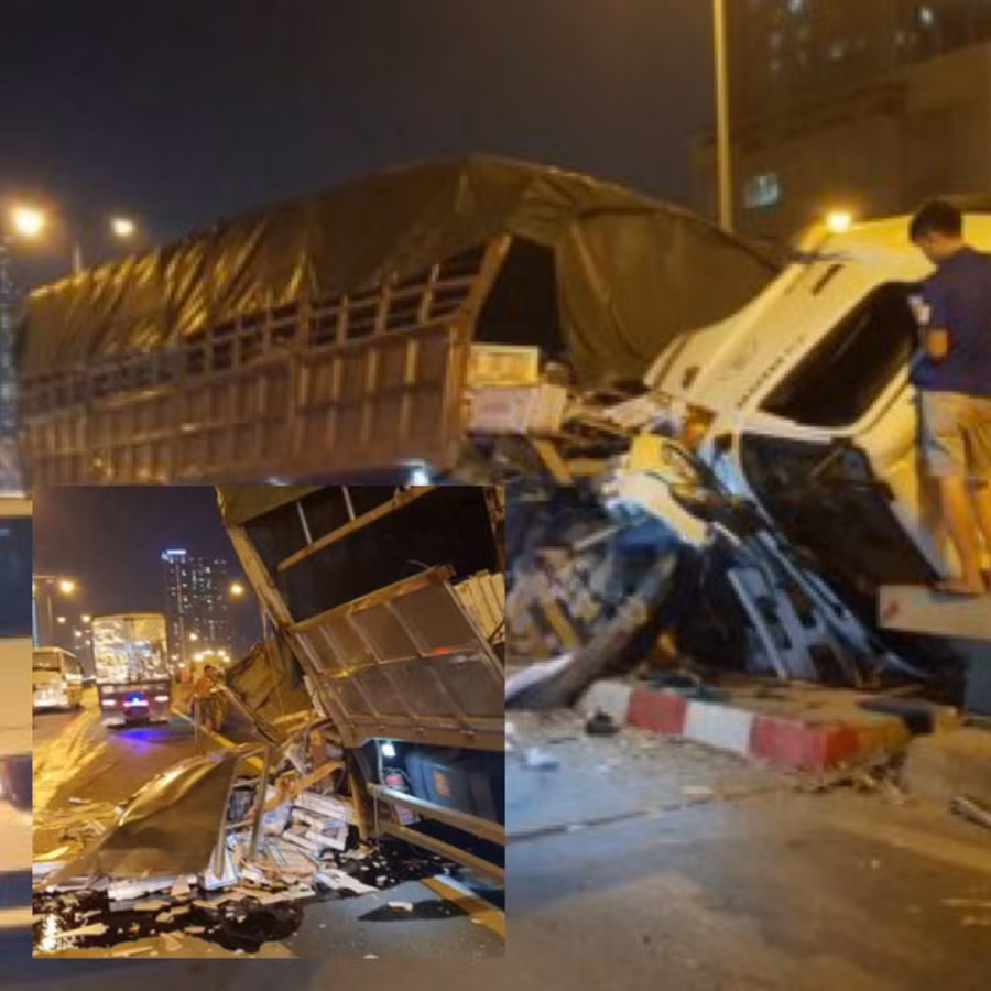 Hà Nội: Xe tải đâm vào giải phân cách, tài xế thoát chết trong gang tấc