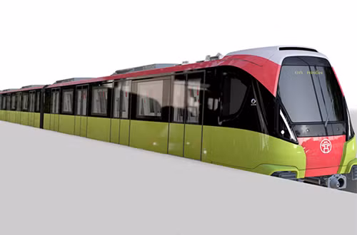 Tàu điện Nhổn - ga Hà Nội có gam màu xanh và đỏ hồng