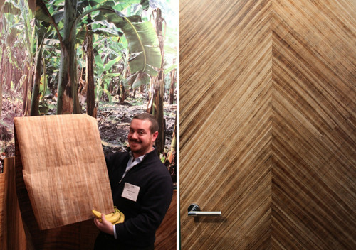 Marco Cassin giới thiệu các tấm ép mỏng từ thân chuối và cánh cửa làm từ gỗ ép thân chuối. Ảnh: tristantiteux.com