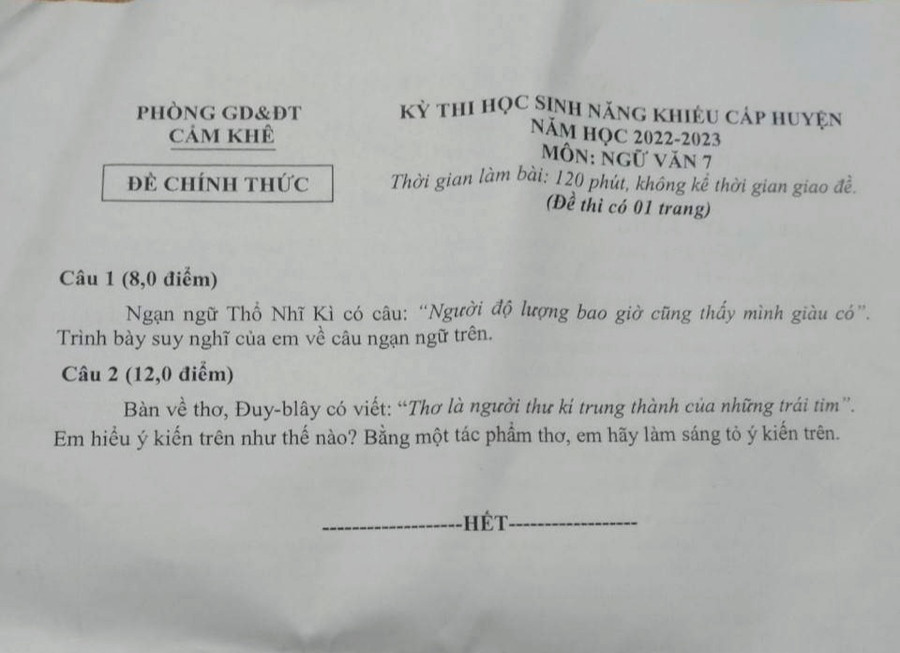 Đề thi học sinh năng khiếu cấp huyện môn Ngữ văn 7 của Phòng GD&ĐT Cẩm Khê (Phú Thọ). Đề thi học sinh năng khiếu cấp huyện môn Ngữ văn 7 của Phòng GD&ĐT Cẩm Khê (Phú Thọ).