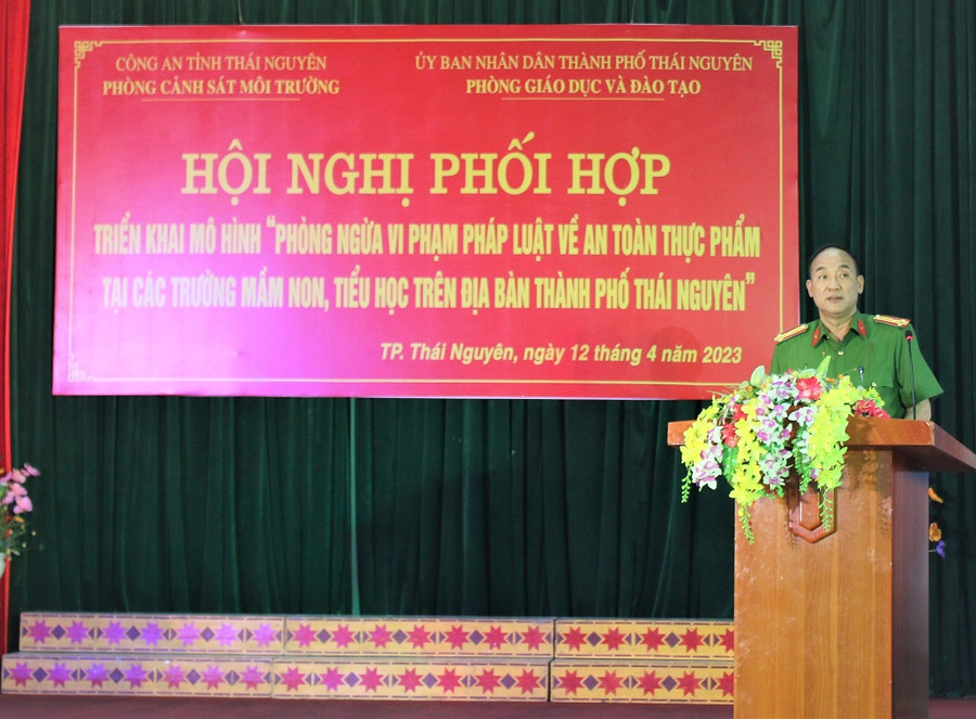 Thượng tá Đàm Quốc Hưng, Trưởng phòng Cảnh sát môi trường Công an tỉnh phát biểu tại hội nghị.