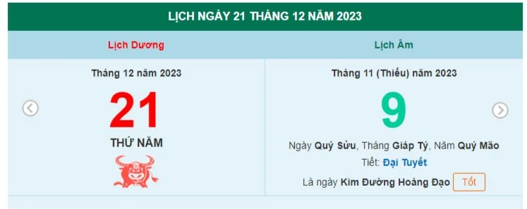 Lịch âm hôm nay - Xem lịch âm ngày 21/12