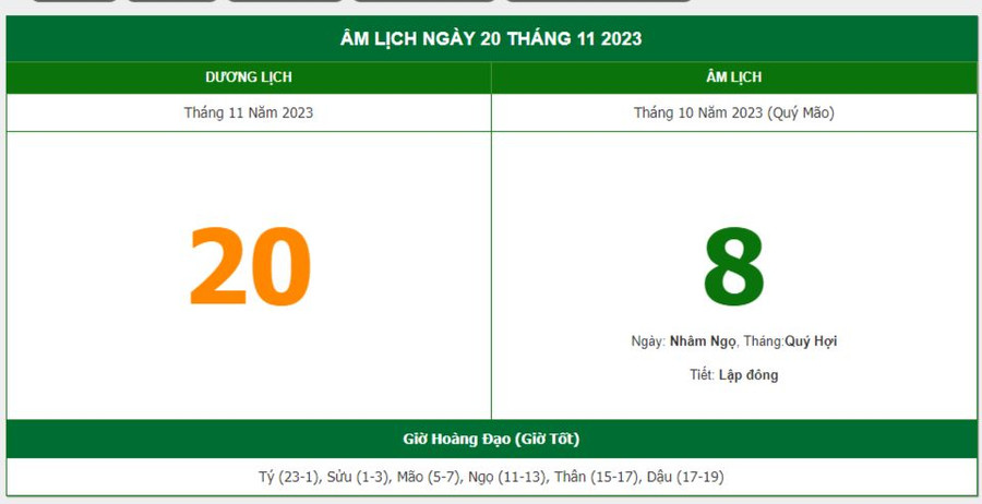 Lịch âm hôm nay - Xem lịch âm ngày 20/11/2023