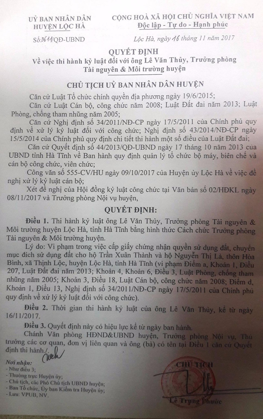 Quyết định thi hành kỷ luật đối với ông Lê Văn Thủy có hiệu lực kể từ ngày ban hành.