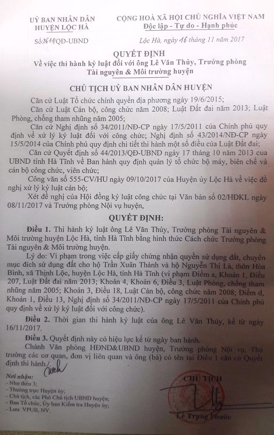 Quyết định thi hành kỷ luật đối với ông Lê Văn Thủy có hiệu lực kể từ ngày ban hành.