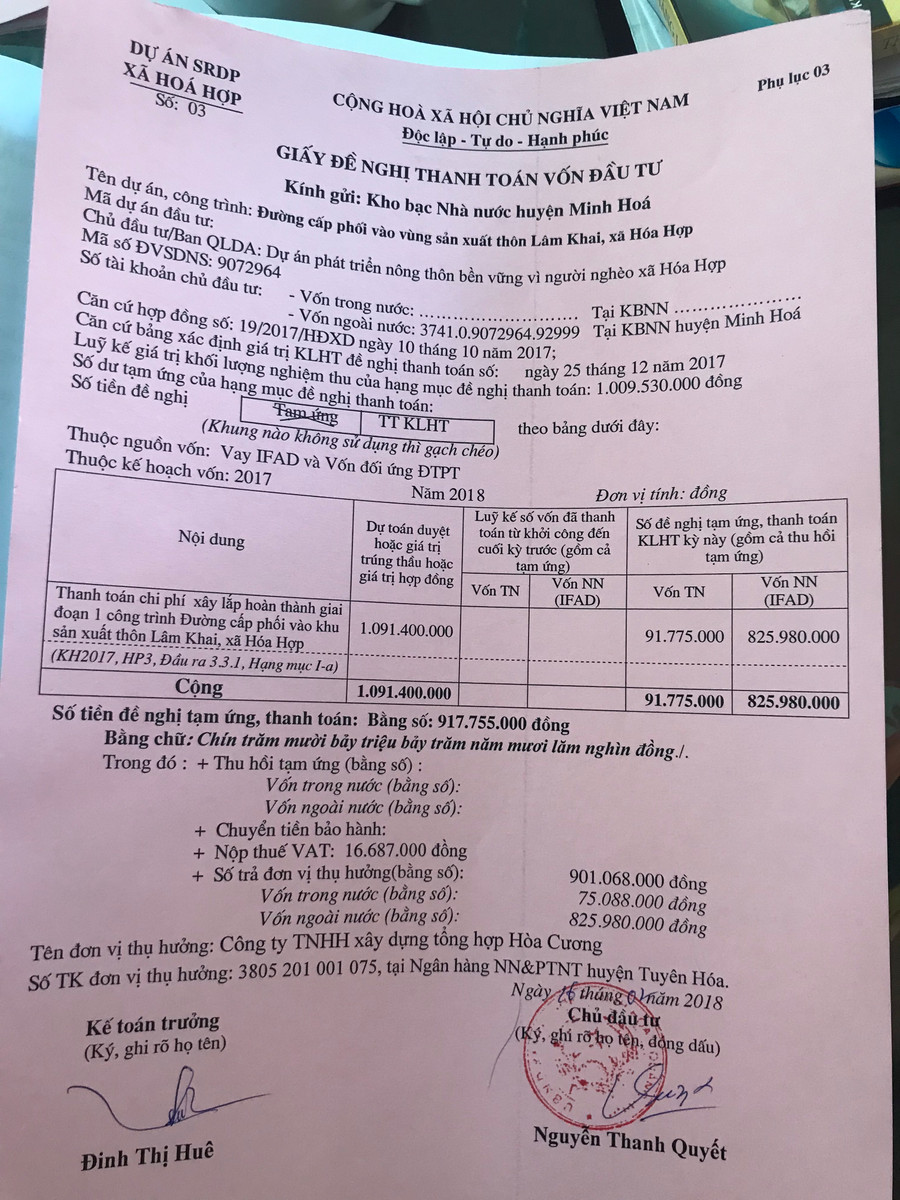 Chứng từ đề nghị kho bạc nhà nước huyện Minh Hóa thanh toán vốn đầu tư của chủ đầu tư. Chứng từ đề nghị kho bạc nhà nước huyện Minh Hóa thanh toán vốn đầu tư của chủ đầu tư.