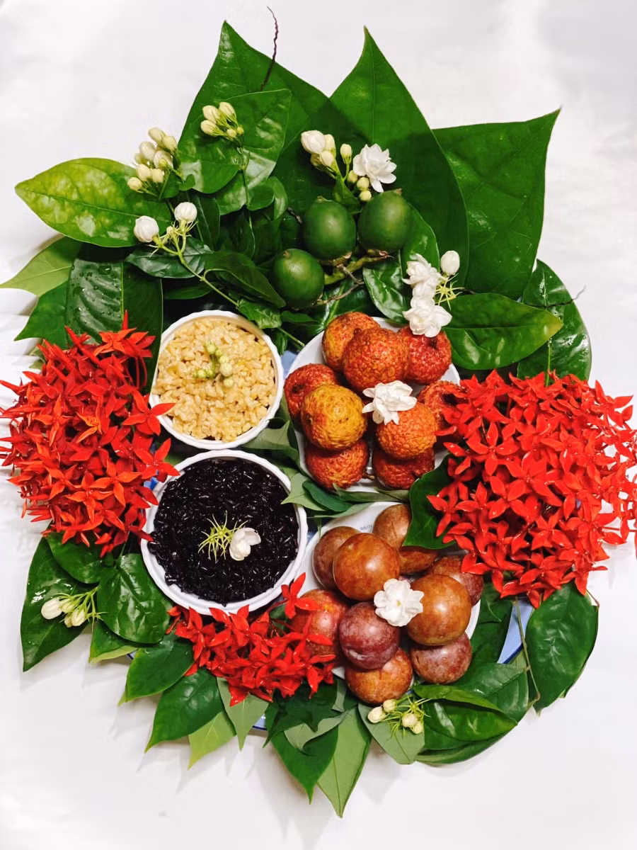 Chị Trương Bích ở Hà Nội háo hức khoe lên mạng xã hội mâm cỗ Tết Đoan Ngọ của nhà mình. Chị chia sẻ mỗi dịp "giết sâu bọ" chị thường chuẩn bị món đặc trưng của người Bắc không thể thiếu như rượu nếp cái, nếp cẩm và trái cây như vải, mận.