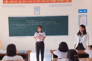 Cô Dương Thị Ánh Ngọc ( phải) trong một tiết dạy Ngữ văn.