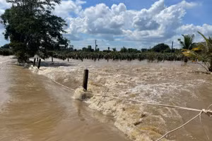 Nước chảy xiết tại khu vực thôn Hội Nhơn, xã Hàm Liêm.