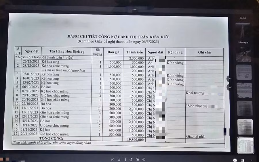 Bảng kê số tiền công nợ của UBND thị trấn Kiến Đức.