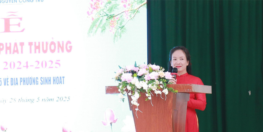 Bà Vũ Thị Minh Hằng - Hiệu trưởng Trường Tiểu học Nguyễn Công Trứ, TP Buôn Ma Thuột phát biểu. (Ảnh: QC) img-5294.jpg