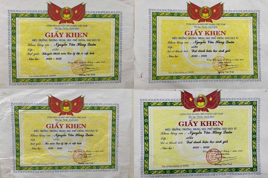 Nam sinh bộc lộ niềm đam mê các môn xã hội từ bé. giay-khen.jpg