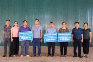 Sở GD&ĐT Nghệ An trao quà hỗ trợ 3 trường học bị thiệt hại nặng nhất do mưa lũ tại xã Tương Dương, Nghệ An. Ảnh: Hồ Lài