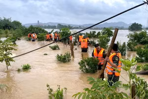 Lực lượng chức năng gia cố tuyến đê thuộc tổ 33 phường Phan Đình Phùng.