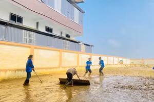 Đoàn viên sinh viên nỗ lực gạt bùn đất.