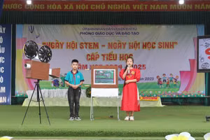 Các em học sinh thuyết trình sản phẩm máy chiếu phim bằng ngôn ngữ Tiếng Anh.